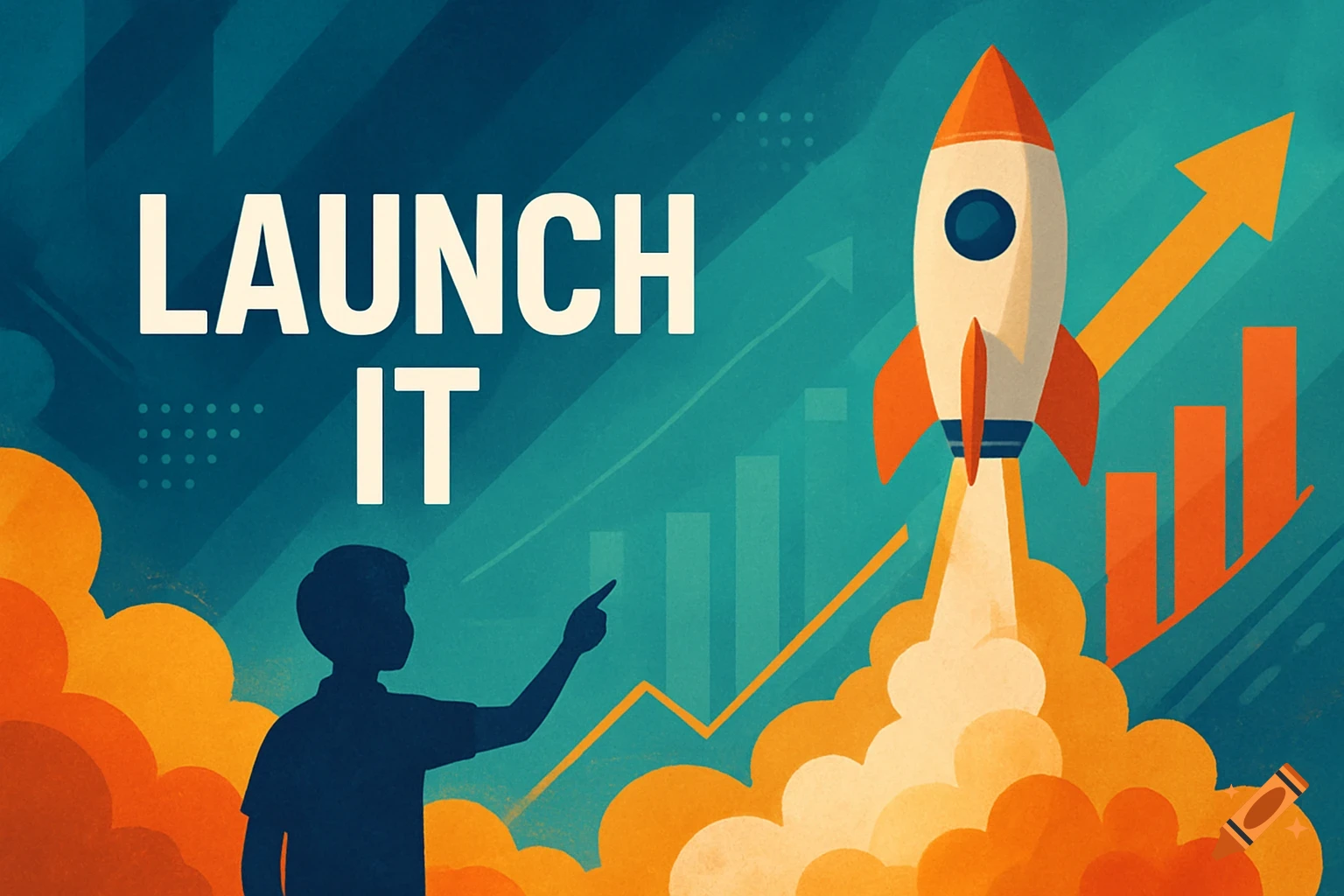 A stylized illustration of a person pointing at a rocket launching with exhaust, an upward arrow, and bar charts. Text says 'LAUNCH IT'.