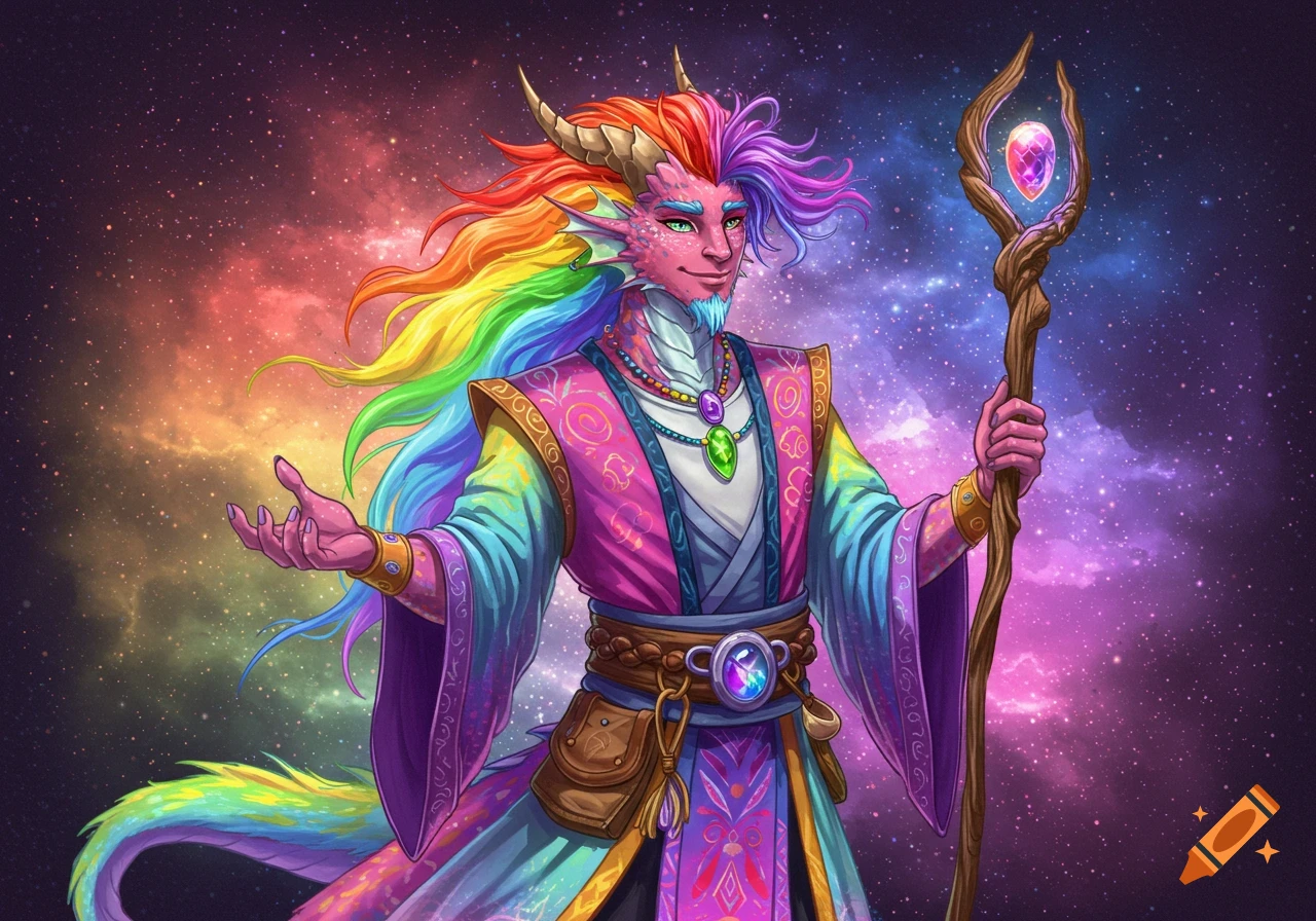 A vibrant, colorful male dragon-humanoid character in ornate robes holds a staff against a cosmic background.
