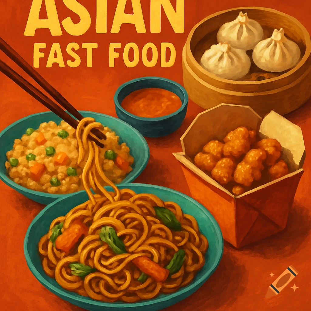 Illustration of a spread of Asian fast food including noodles, fried rice, dumplings, and fried chicken, with 'ASIAN FAST FOOD' text.