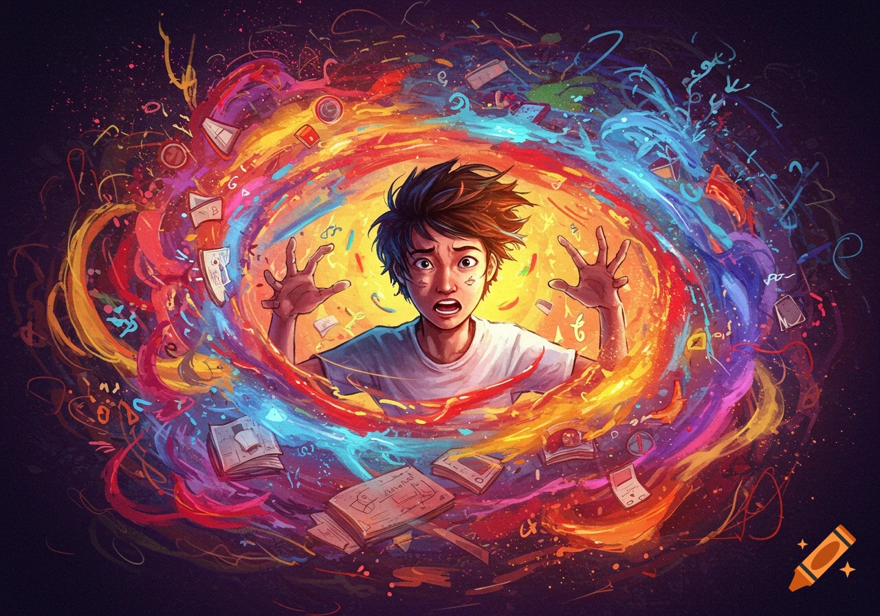 An illustration of a young man with a distressed expression, hands raised, surrounded by a chaotic, colorful swirl of abstract shapes and symbols.