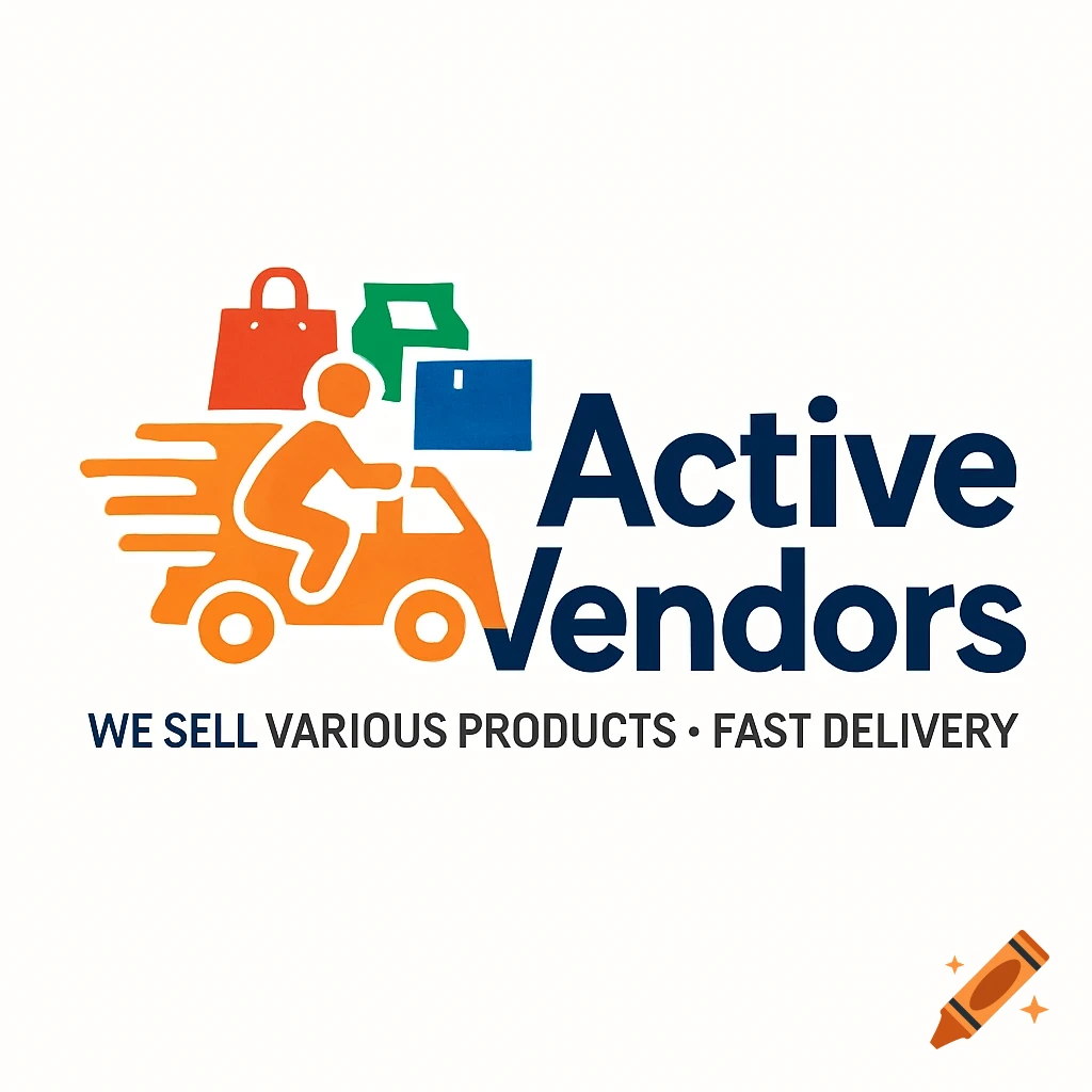 A logo for Active Vendors featuring an orange delivery truck with packages and text 'Active Vendors' and 'We Sell Various Products • Fast Delivery'.