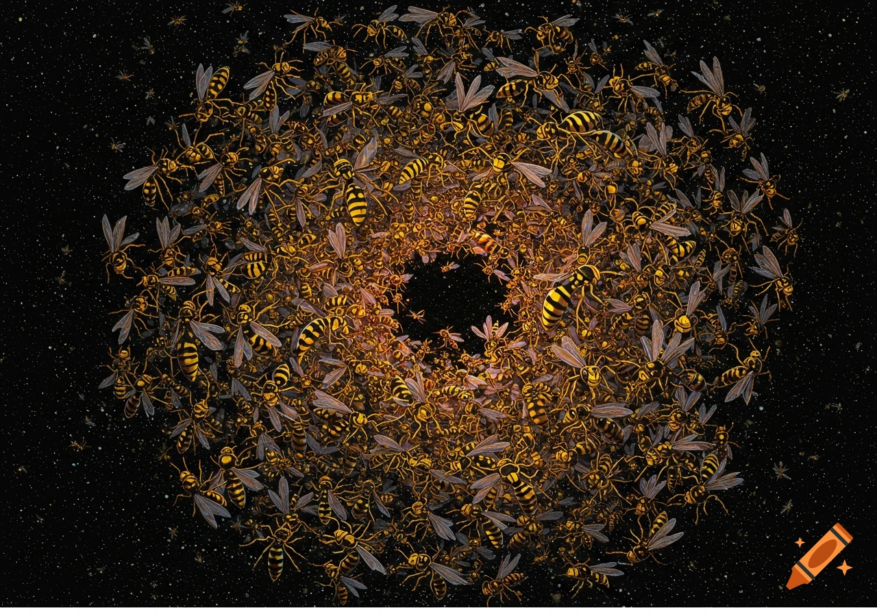 A dense swirl of yellow and black wasps spirals inward against a dark, star-filled background.