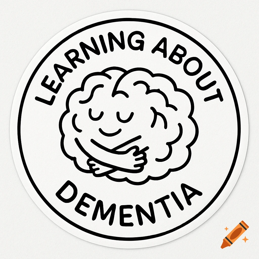A black and white line art sticker featuring a friendly brain character hugging itself, with the words 'LEARNING ABOUT DEMENTIA' around it.