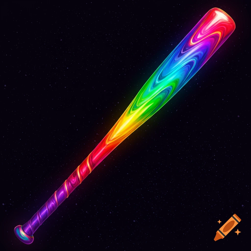 A glowing baseball bat with vibrant rainbow colors against a dark, starry background.