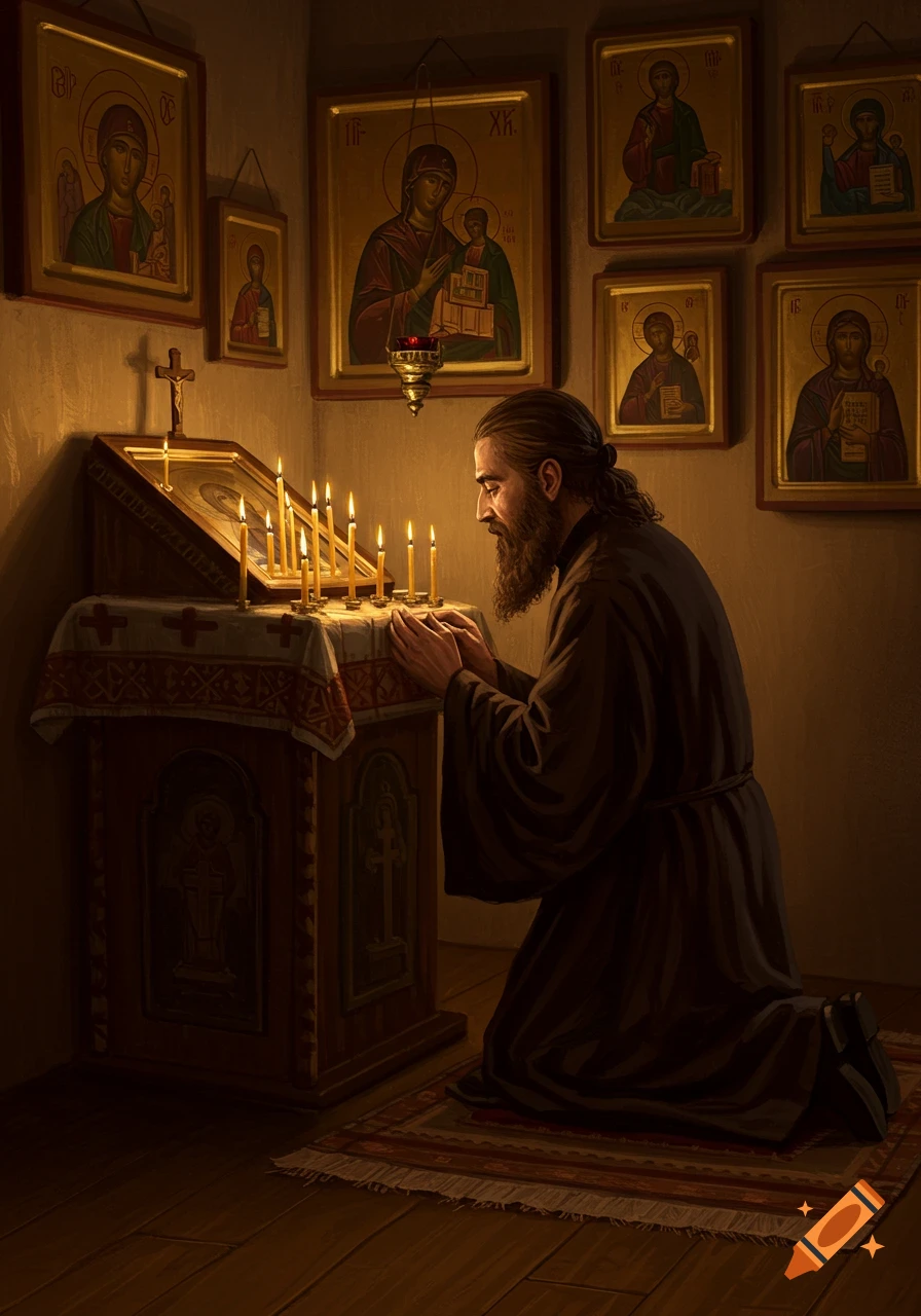 An Orthodox monk kneels in prayer at a candle-lit corner, surrounded by religious icons.