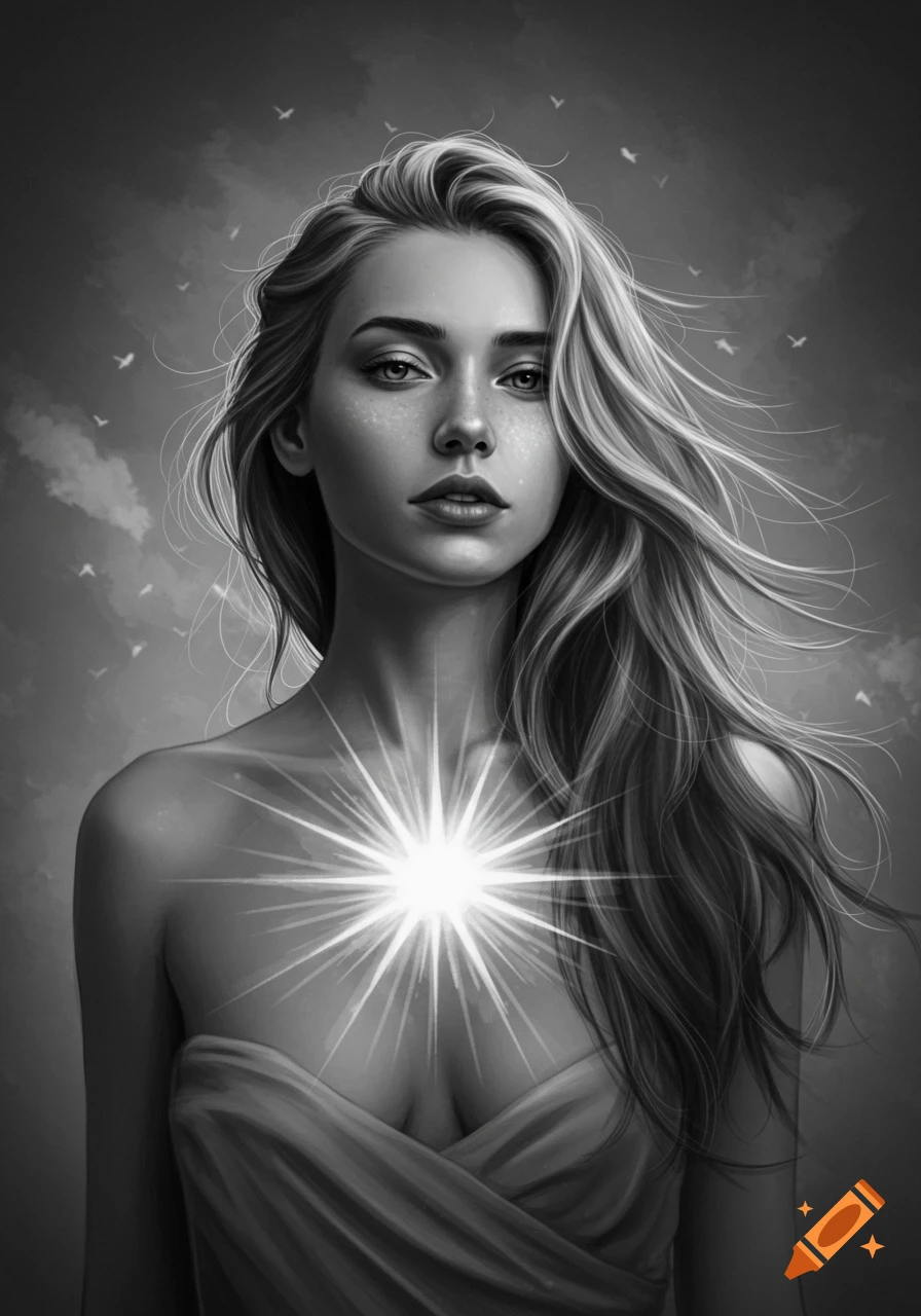 Black and white ethereal portrait of a woman with long flowing hair, a bright light shining from her chest, with birds in the sky.