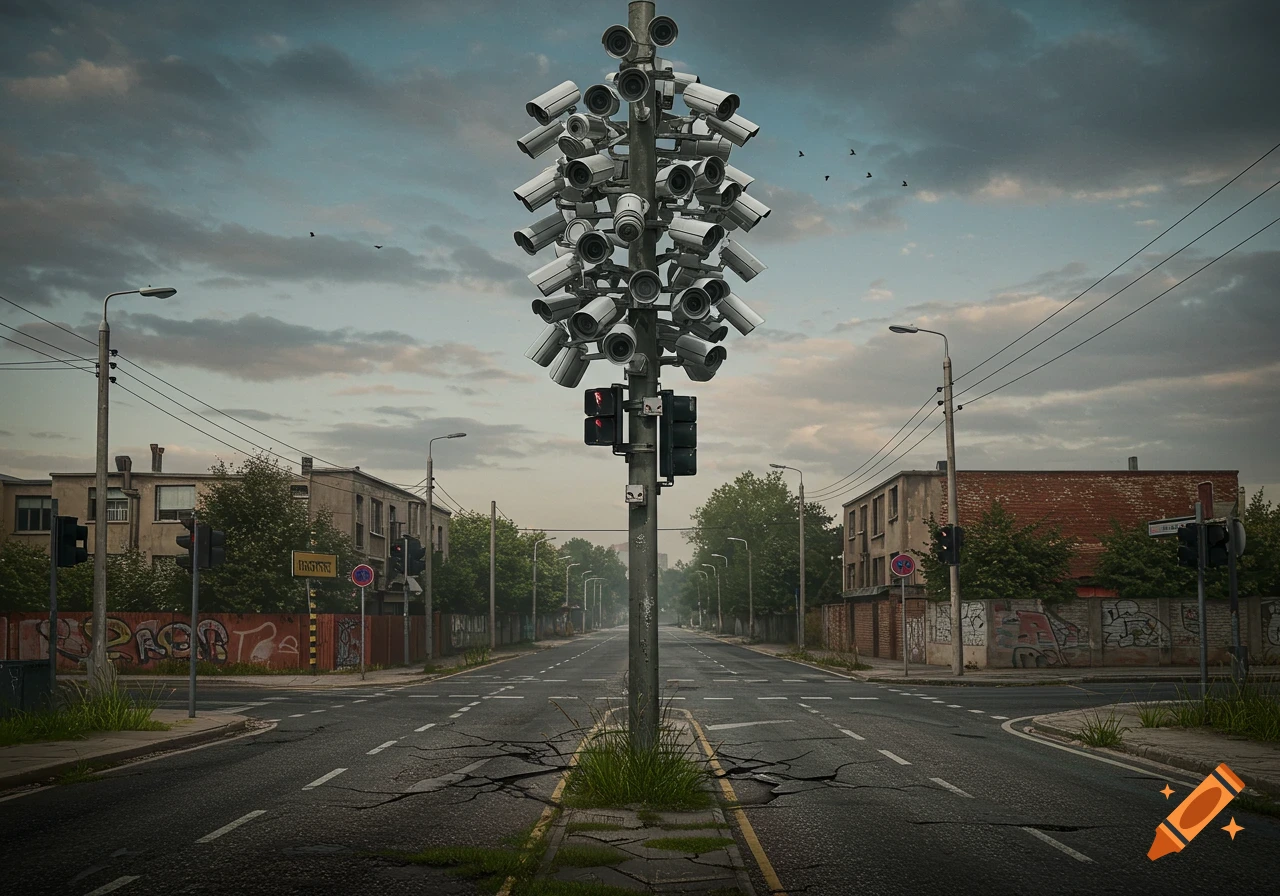 A dystopian street intersection with cracked roads and dilapidated buildings. A tall pole in the center is covered with numerous surveillance cameras pointing in all directions.
