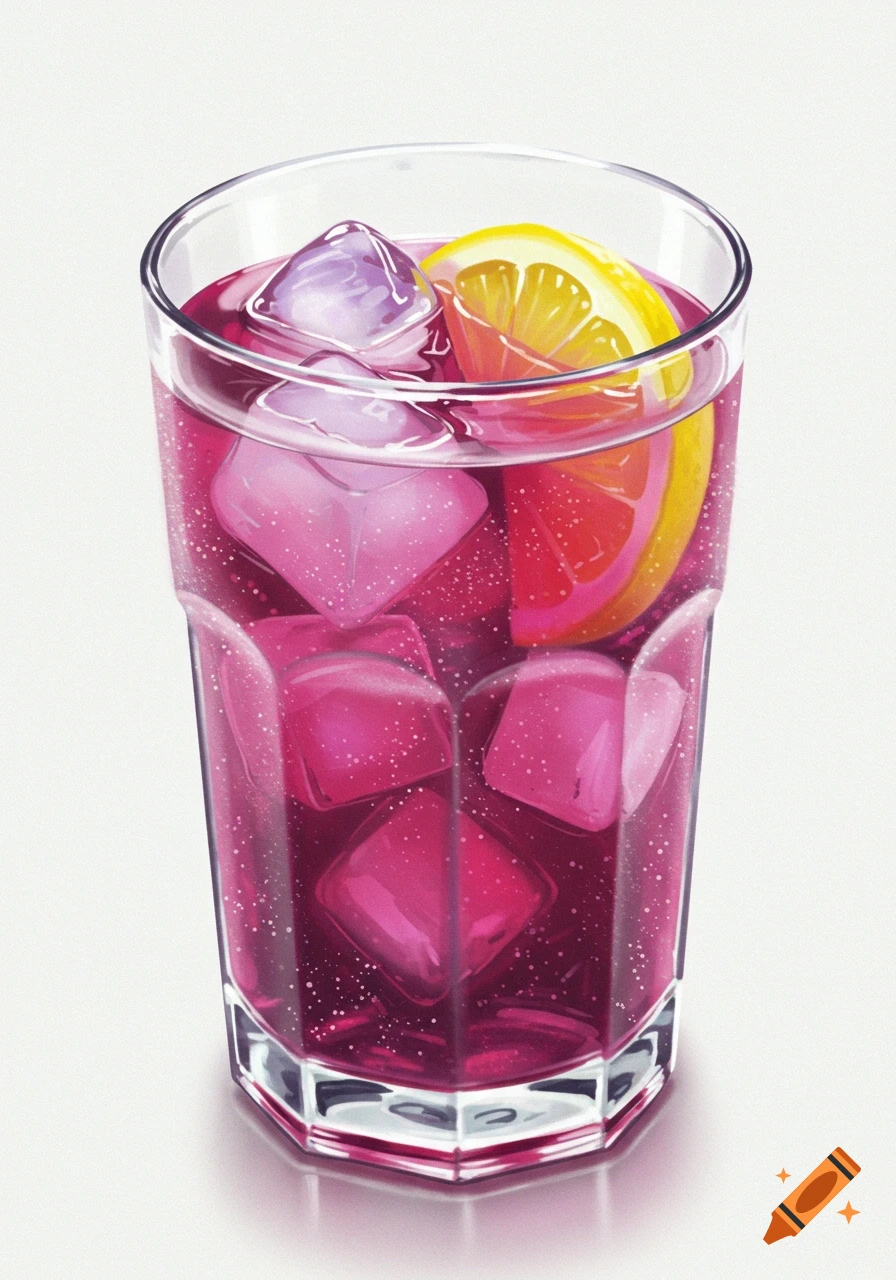 A vibrant purple cocktail with ice cubes and a lemon slice in a tall glass, rendered in a detailed illustration style.