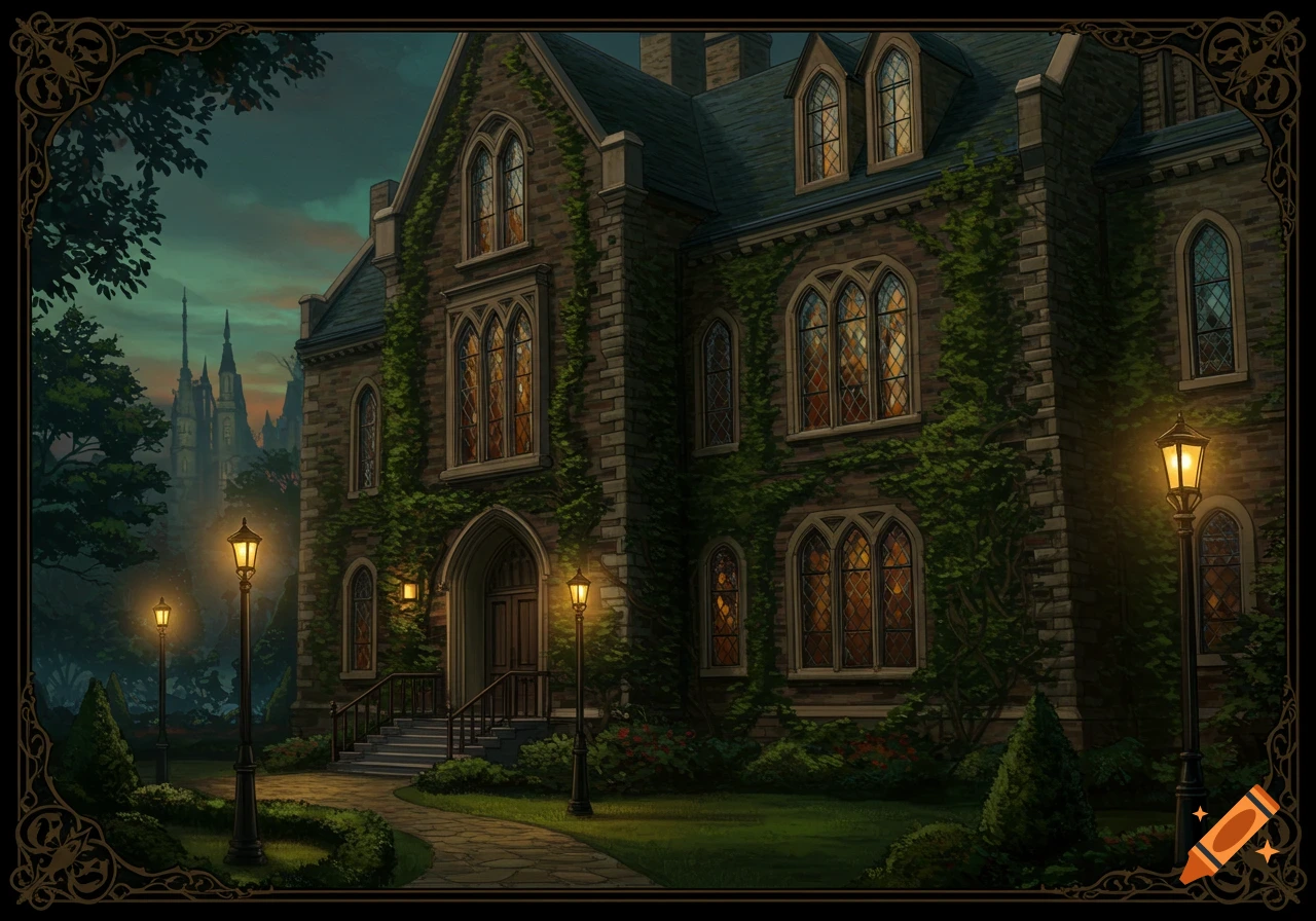 A dark academia house at dusk with ivy-covered stone walls, glowing windows, and ornate street lamps, leading to a grand entrance. A castle is visible in the distant background.