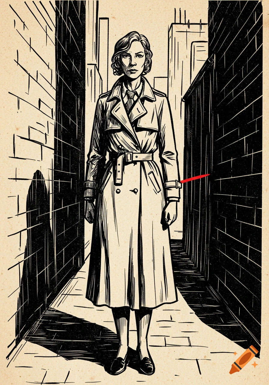 Black and white woodcut illustration of a determined woman in a trench coat standing in a narrow alley, with a red accent line on her lapel.