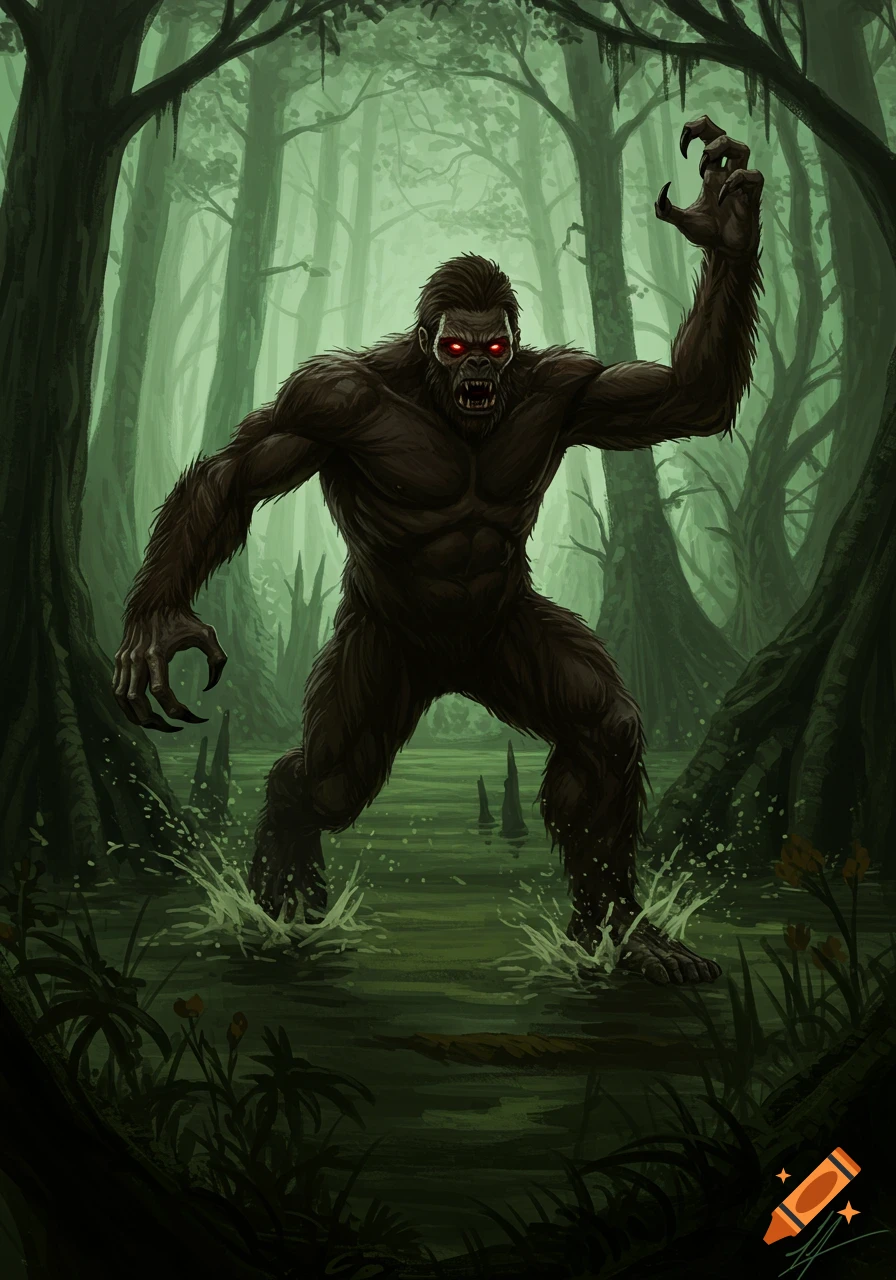 A monstrous Bigfoot-like creature with glowing red eyes and fangs roars, splashing through a dark green swamp surrounded by trees.