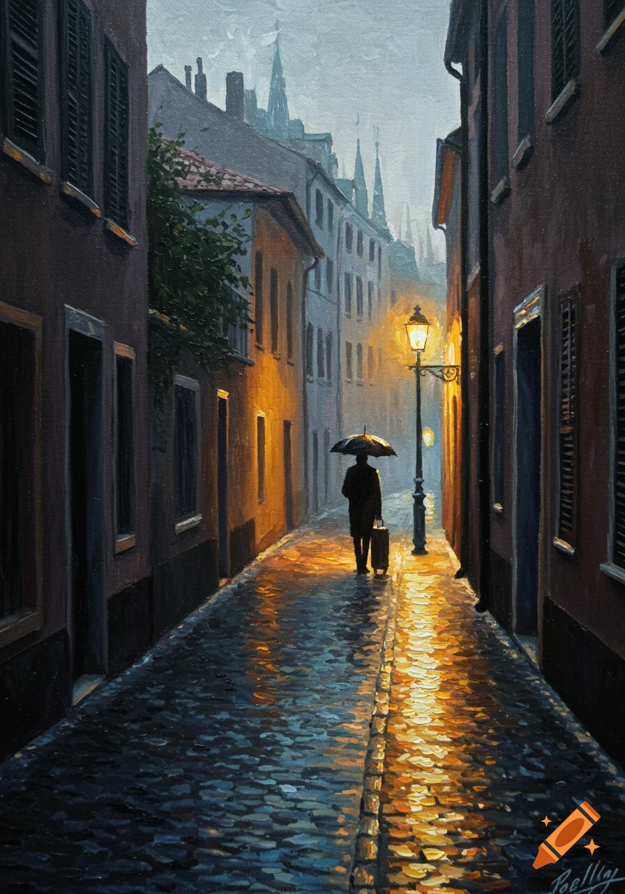 Oil painting of a person with an umbrella and suitcase walking down a wet, lamp-lit cobblestone street at dusk between tall buildings.