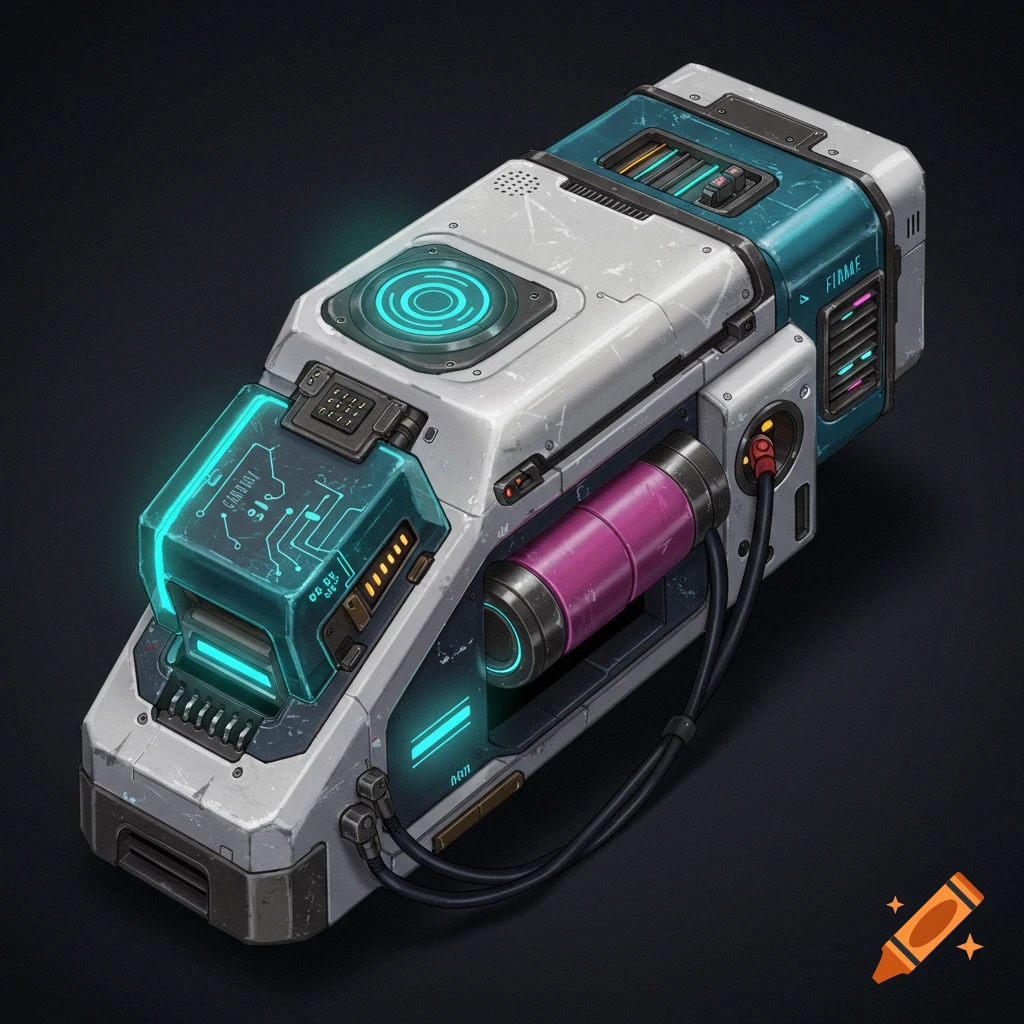 A detailed, futuristic sci-fi gizmo with teal glowing elements, a pink cylinder, and metallic components on a dark background.