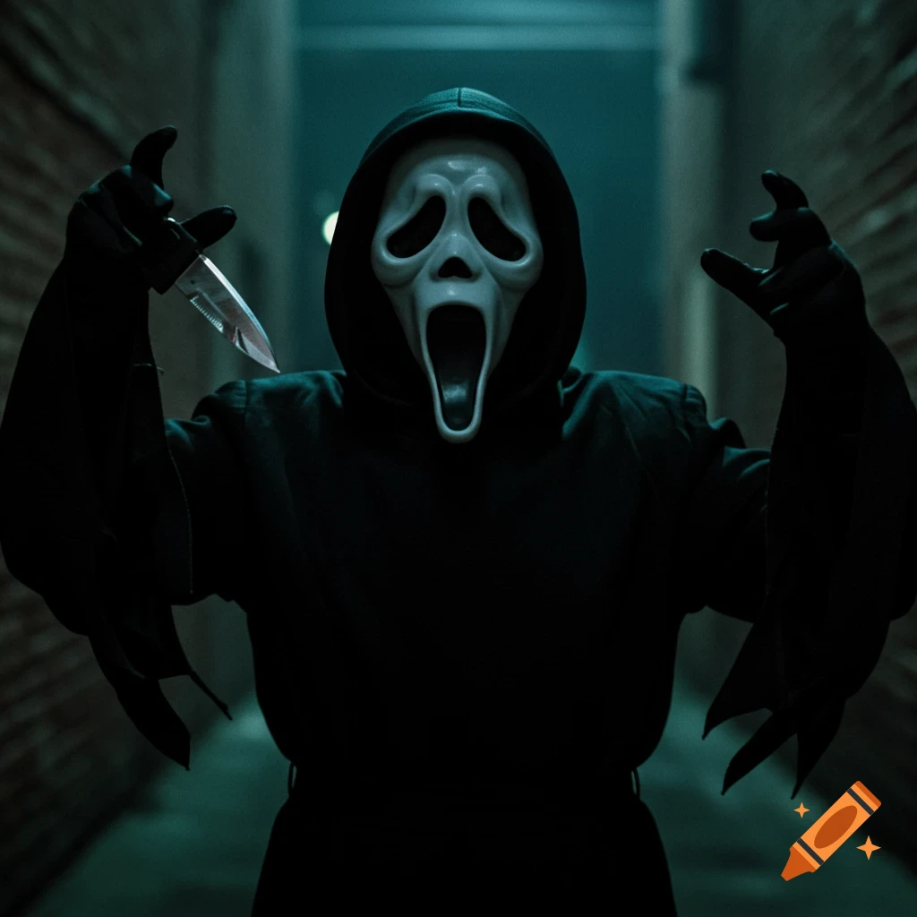 Ghostface, from the Scream movies, in a dark alley, holding a knife and making a gesture with his other hand. Photorealistic.