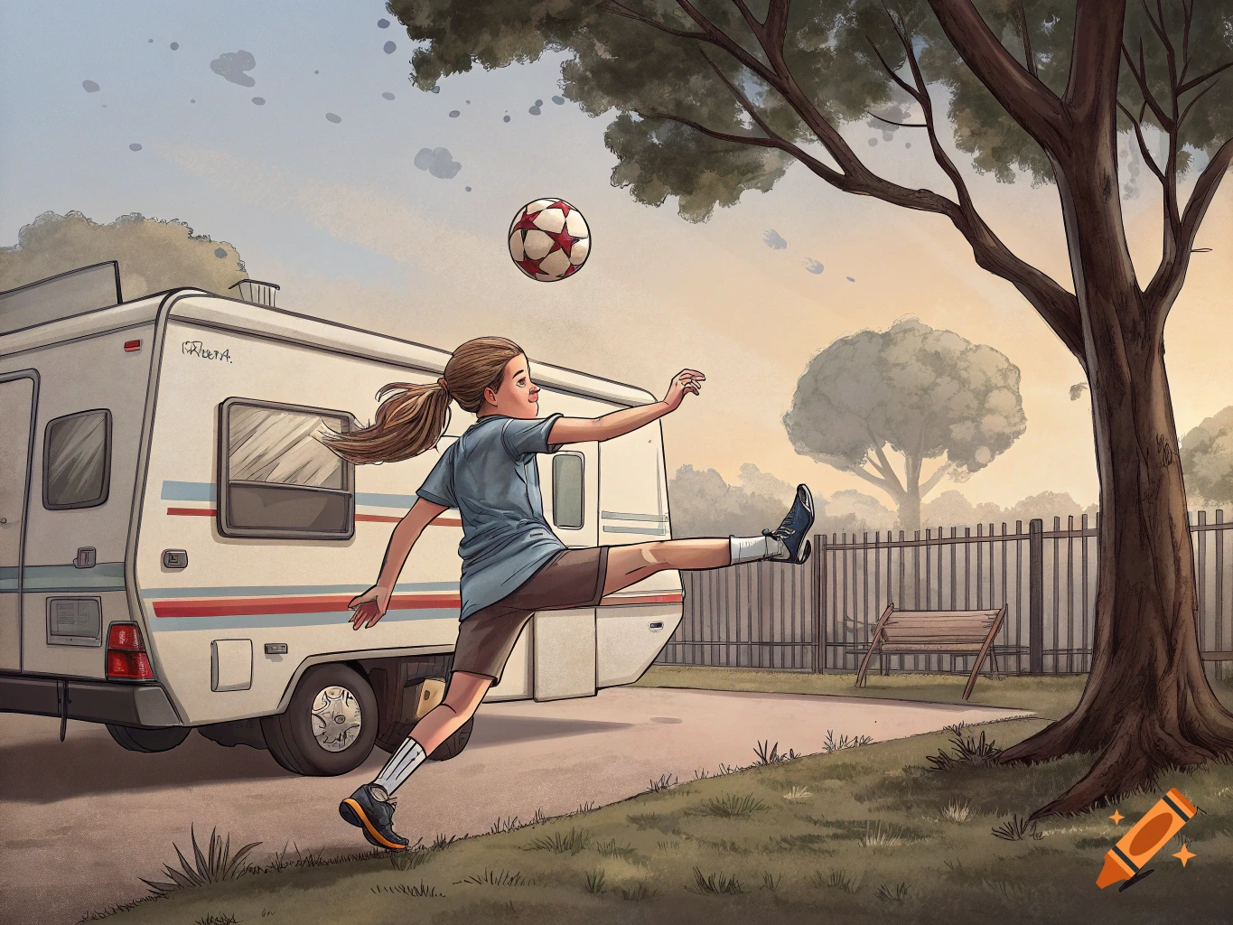 An illustrated young person in shorts and a t-shirt kicking a soccer ball in the air next to a white caravan, with trees and a fence in the background.