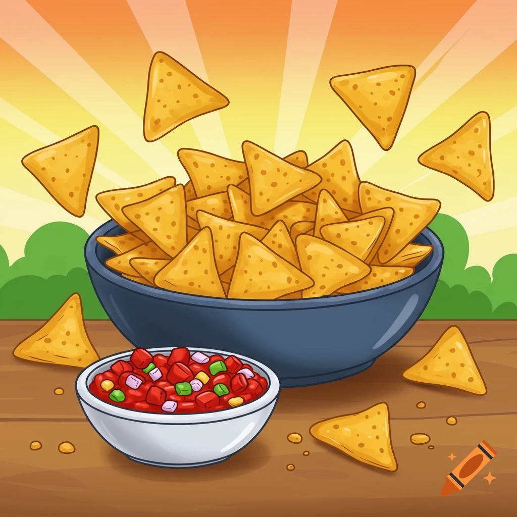 Cartoon illustration of a large bowl of tortilla chips and a small bowl of red salsa on a wooden table, with chips floating.