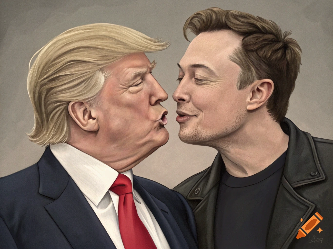 Caricature of Donald Trump puckering his lips to kiss Elon Musk, who is smiling slightly.
