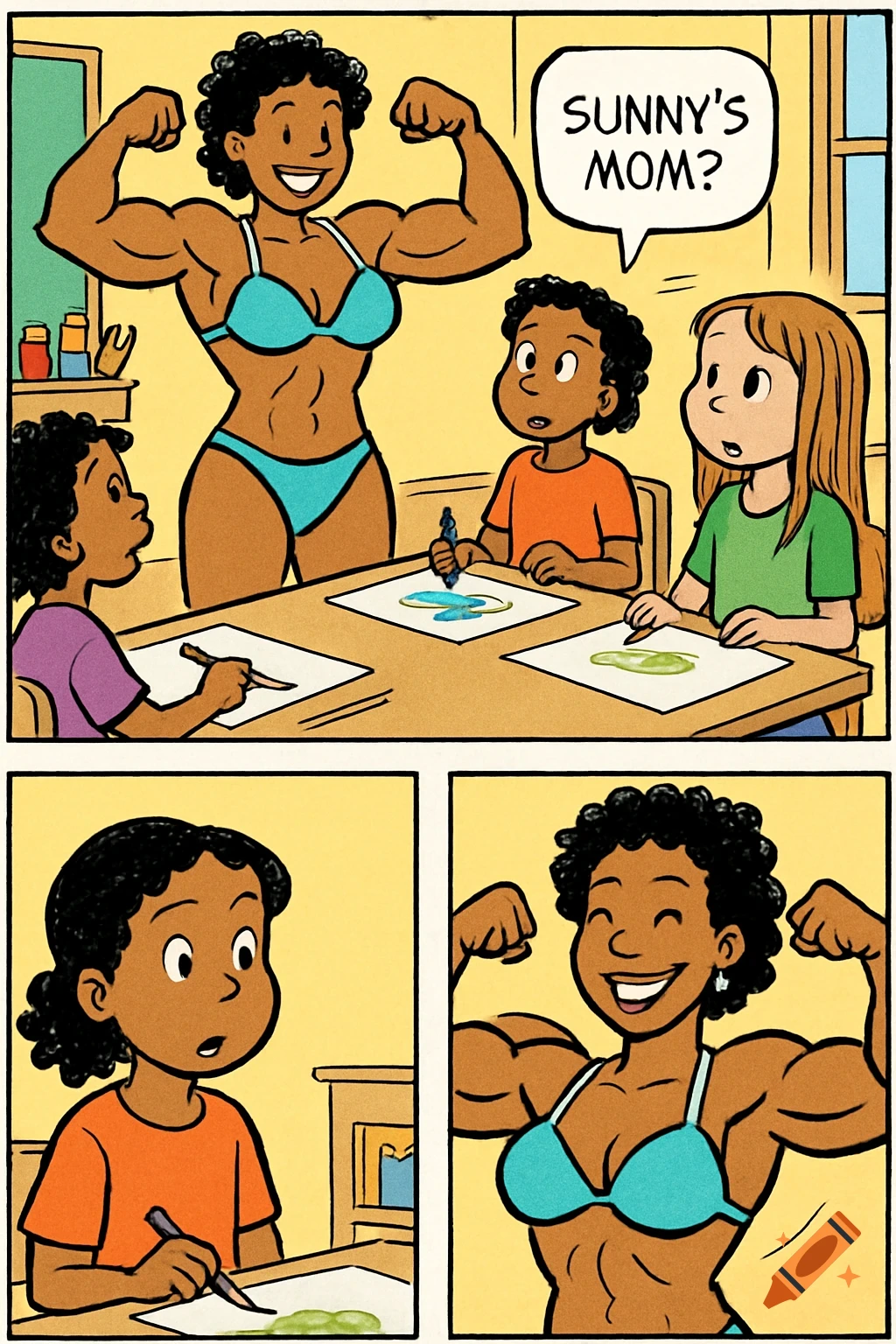 A cartoon comic strip shows a muscular Black woman in a bikini flexing in a classroom while three surprised children look on. One child asks, "SUNNY'S MOM?"