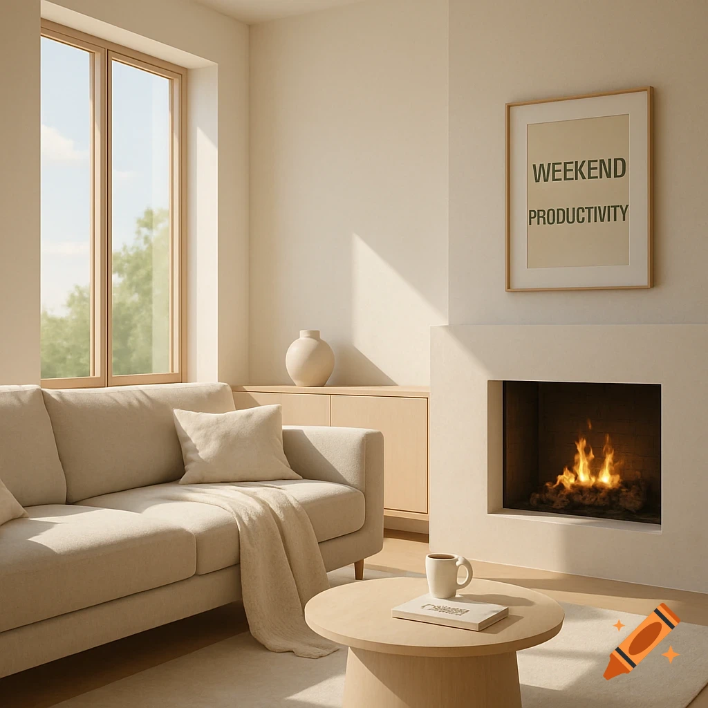 A bright, minimalist living room with a cream couch, round coffee table, lit fireplace, and a 'WEEKEND PRODUCTIVITY' poster.