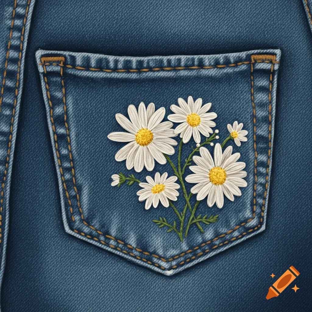 A close-up of a blue denim jean pocket with white and yellow daisy embroidery.