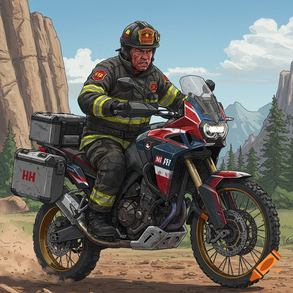 A tough-looking firefighter in full gear rides an adventure motorcycle on a dirt path with mountains in the background, in an illustrated style.