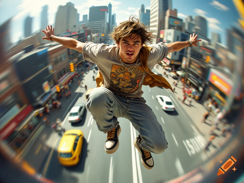A young man leaps mid-air above a blurred city street, viewed through a fisheye lens. He wears a graphic tee, baggy jeans, and sneakers, with windswept hair.