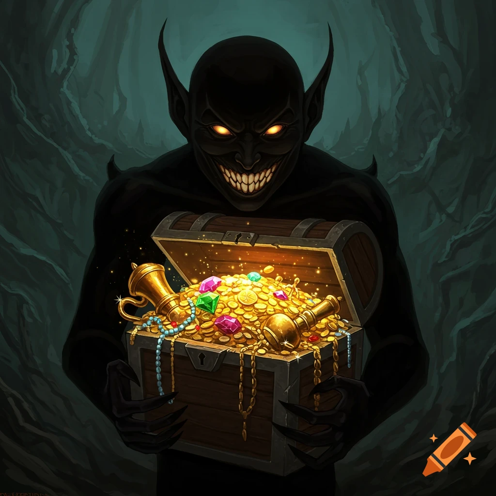 A dark, grinning, pointy-eared creature with glowing eyes clutching an overflowing treasure chest filled with gold and jewels.
