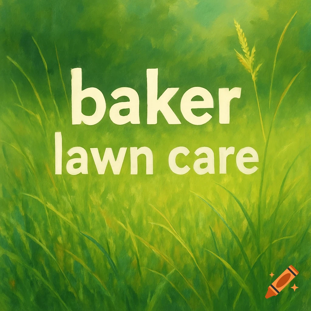 A vibrant green painting of grass with the white words 'baker lawn care' and a single stalk of wheat.