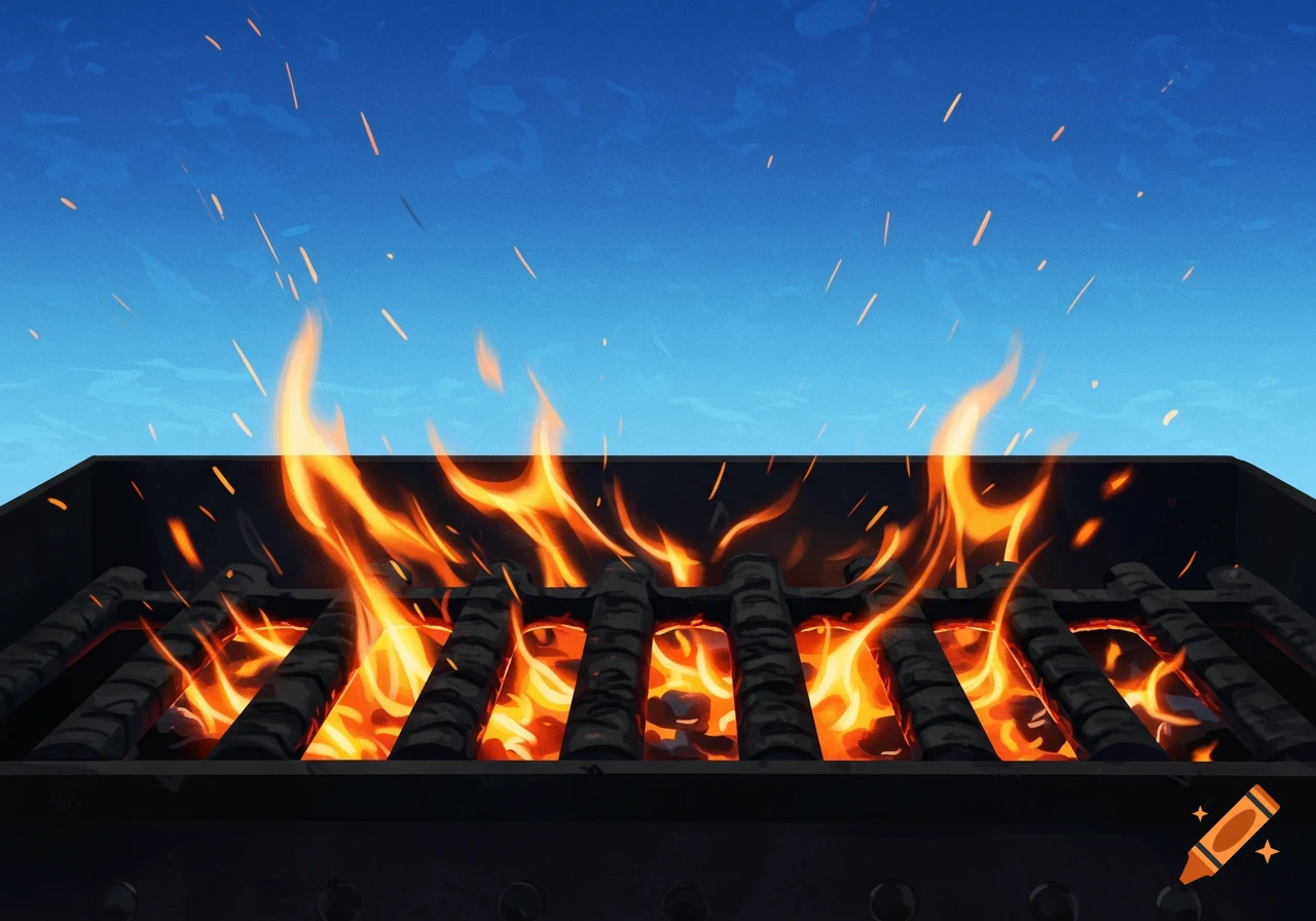 A close-up view of a black barbecue grill with bright orange flames and glowing coals, under a clear blue sky with sparks flying.