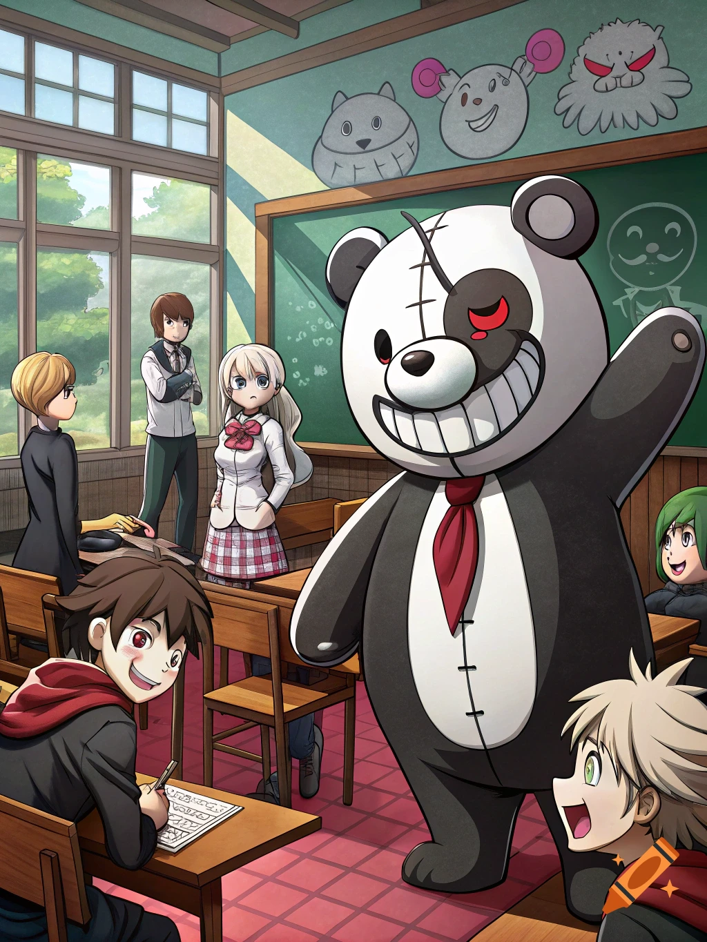 An anime-style illustration of a classroom scene with a large black and white bear mascot and several students at desks.