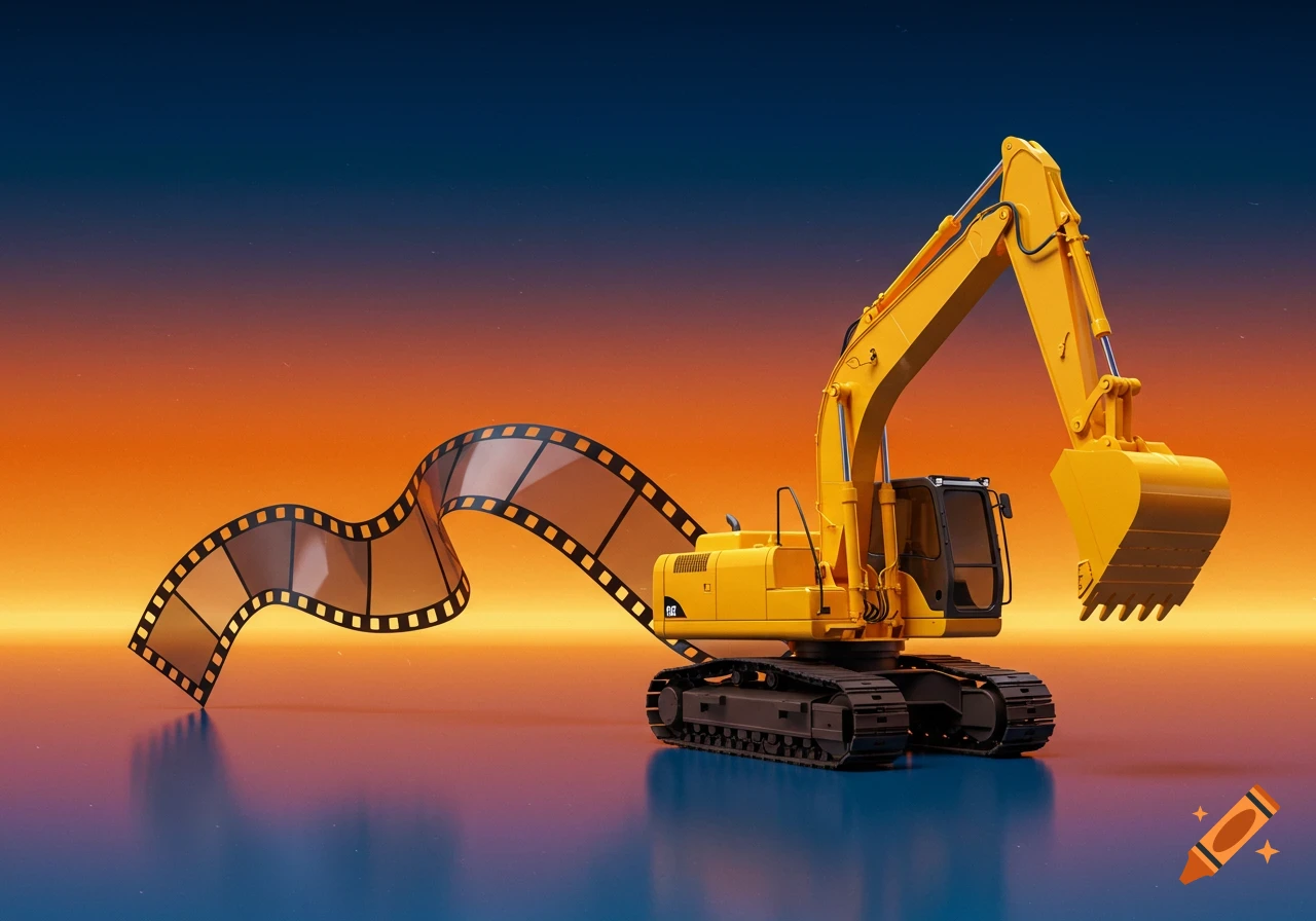 A yellow excavator with a long, curving film reel extending from its back, against a blue and orange gradient background, reflecting on the surface.