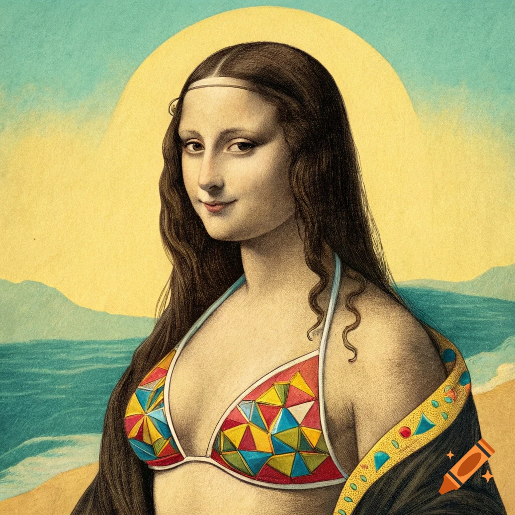 Mona Lisa in a colorful geometric bikini with a dark robe draped over one shoulder, standing on a sunny beach.