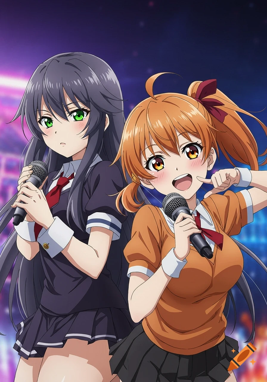 Two anime girls sing into microphones on a stage with purple and blue lights; one has dark gray hair and green eyes, the other has orange hair and orange eyes.