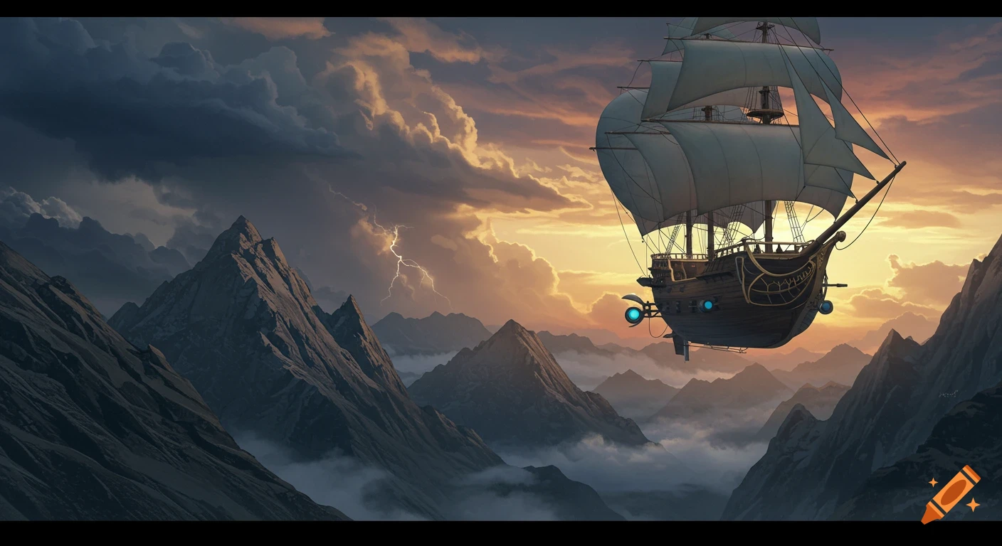 A majestic airship with sails floats above misty mountains at sunset with storm clouds and lightning.