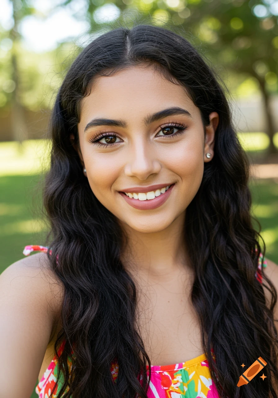Close-up of a smiling beautiful teenage Hispanic woman with long dark wavy hair outdoors.