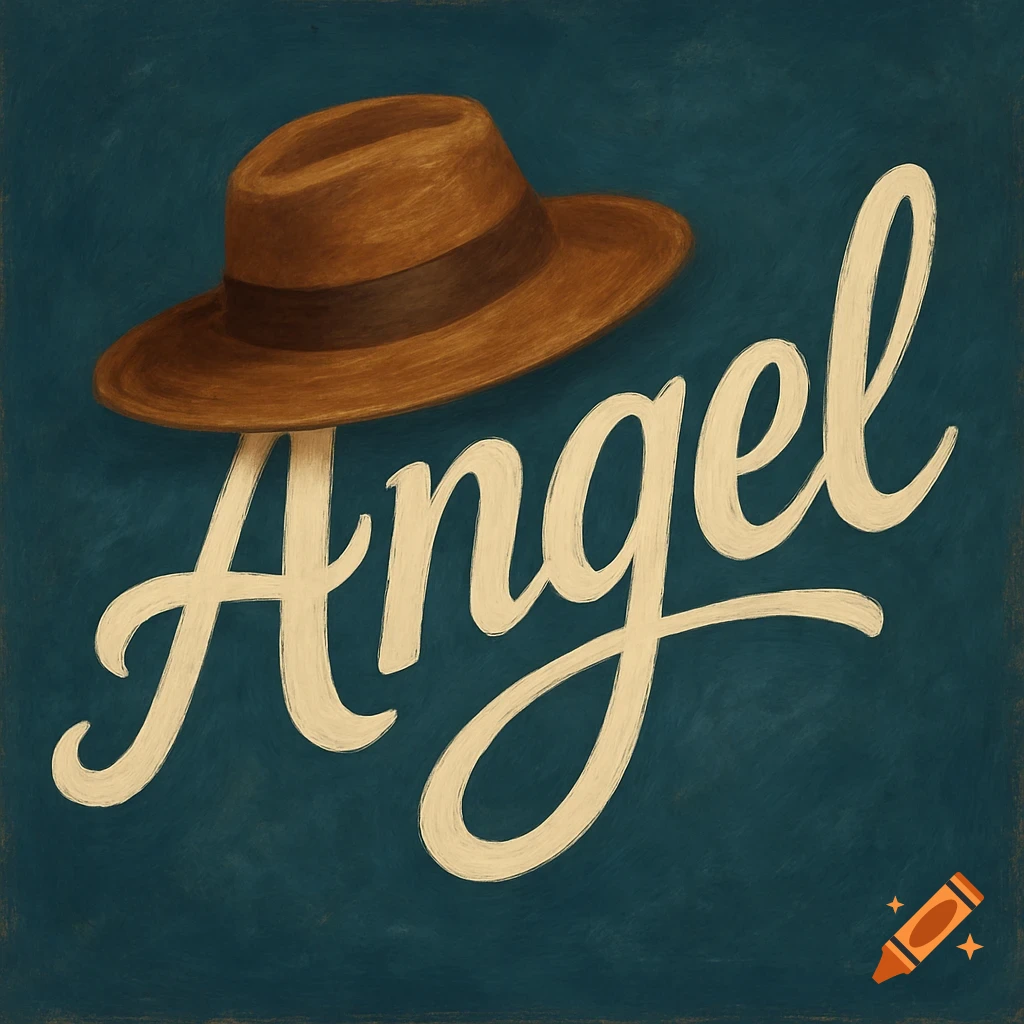 A brown fedora hat floating above the word 'Angel' in a cream script on a dark teal background, painted style.