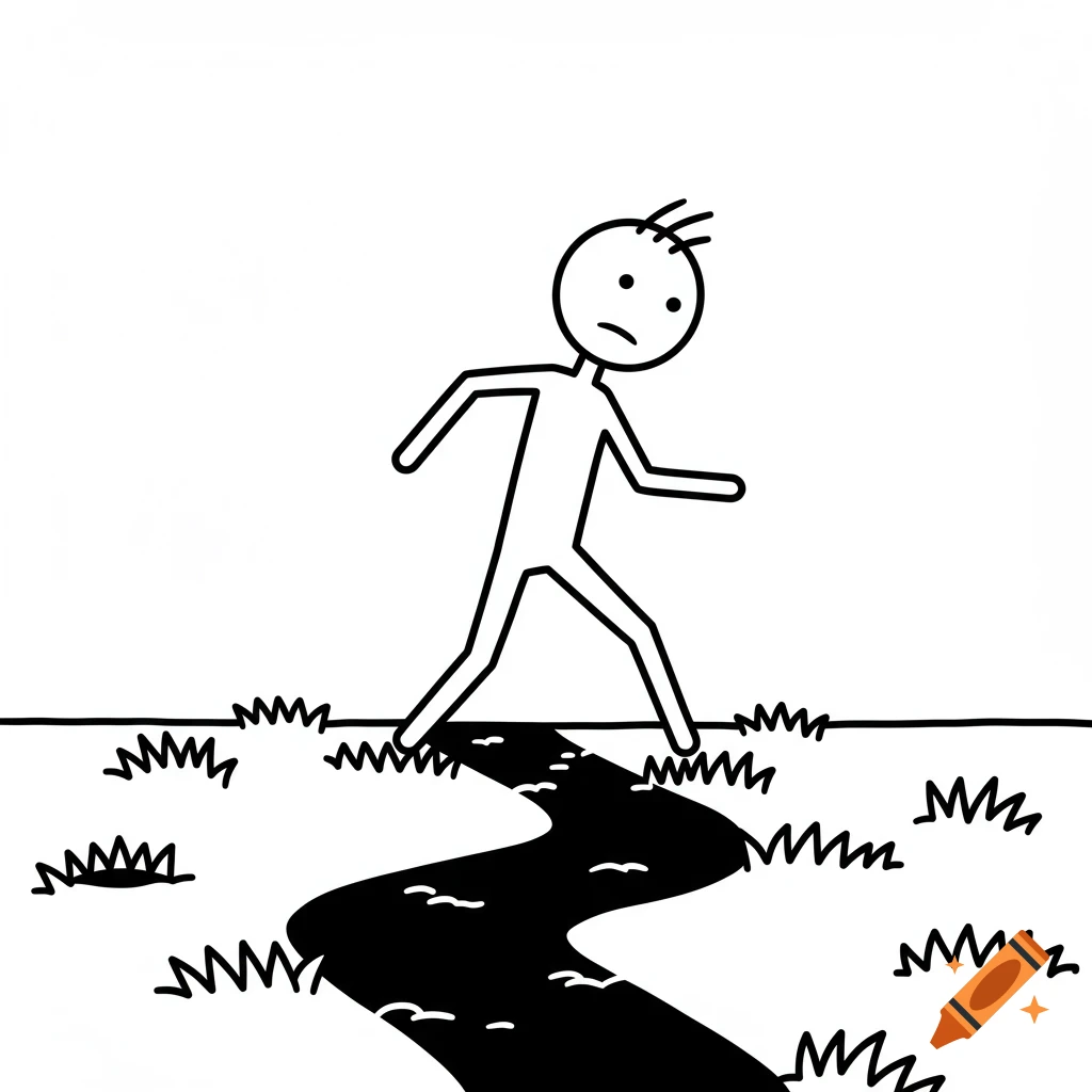 A black and white stick figure drawing shows a person walking on a winding path, surrounded by grass.