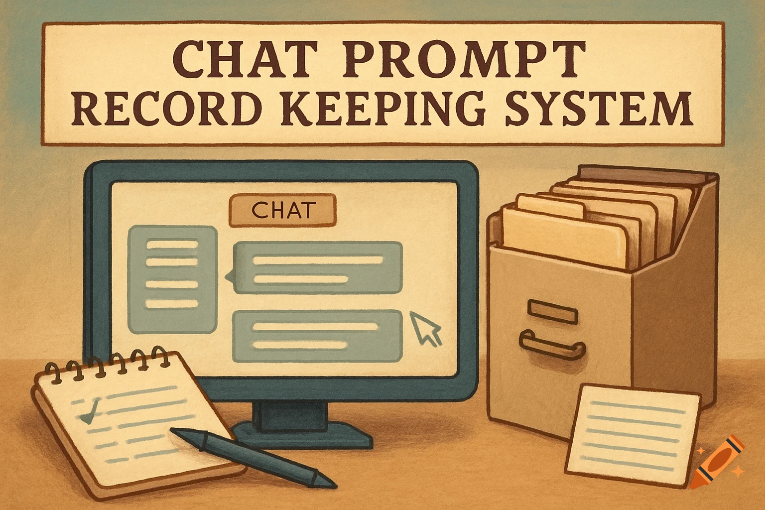 Illustration of a 'CHAT PROMPT RECORD KEEPING SYSTEM' with a computer, file box, and notebook.