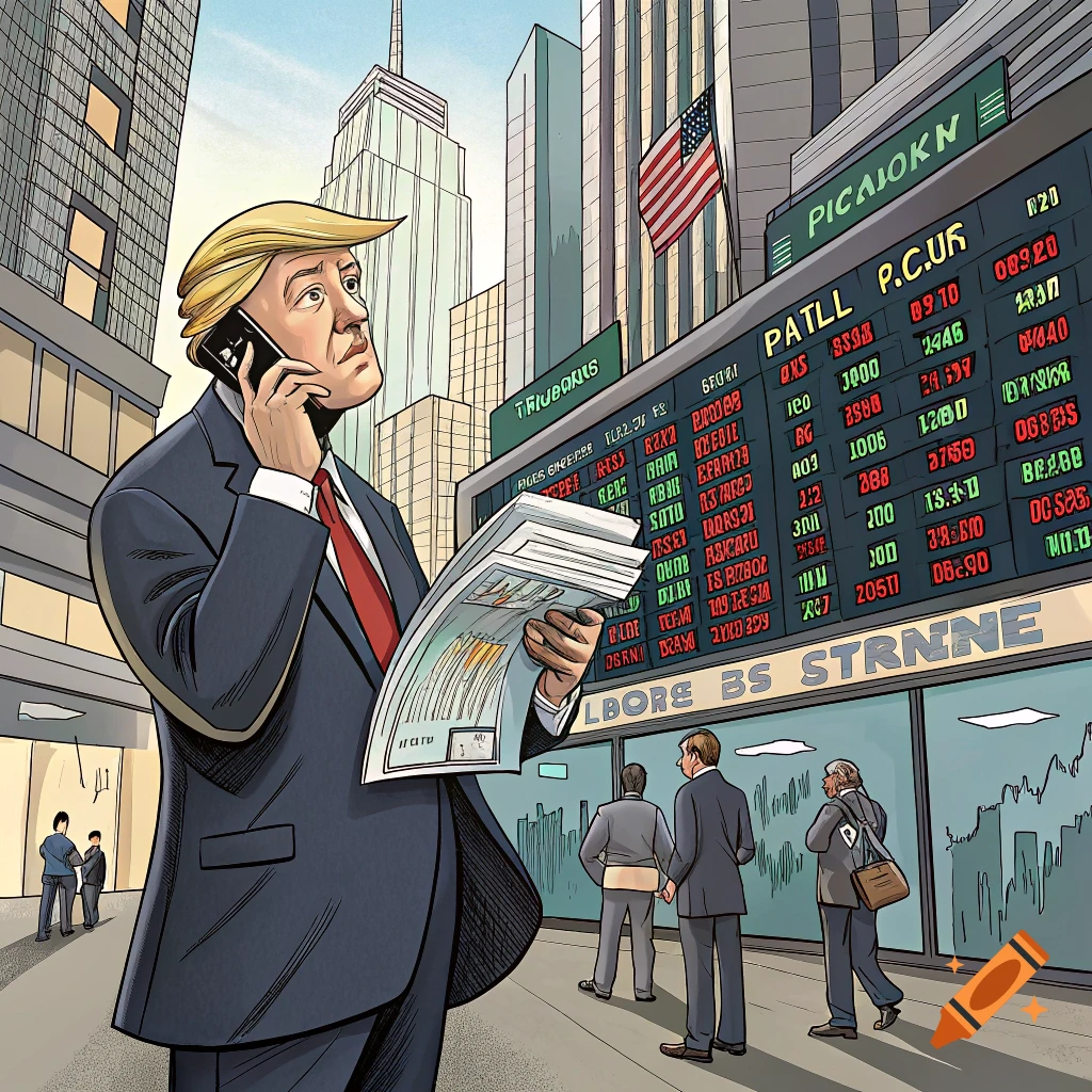 Cartoon illustration of Donald Trump talking on a phone, holding a newspaper, and looking at stock market screens in a city.