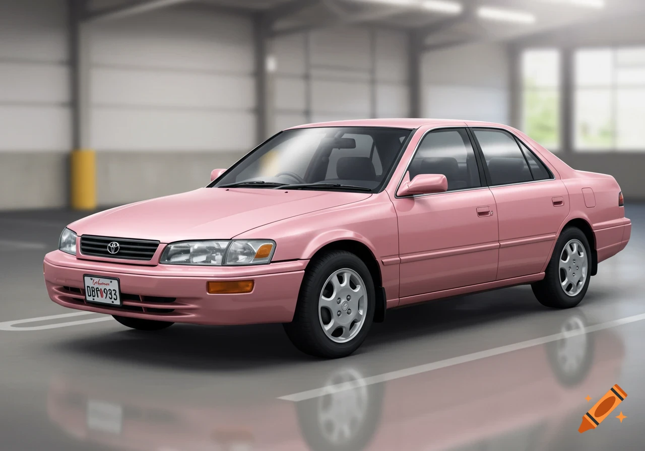 A pink 1998 Toyota Camry sedan parked in an indoor parking garage.