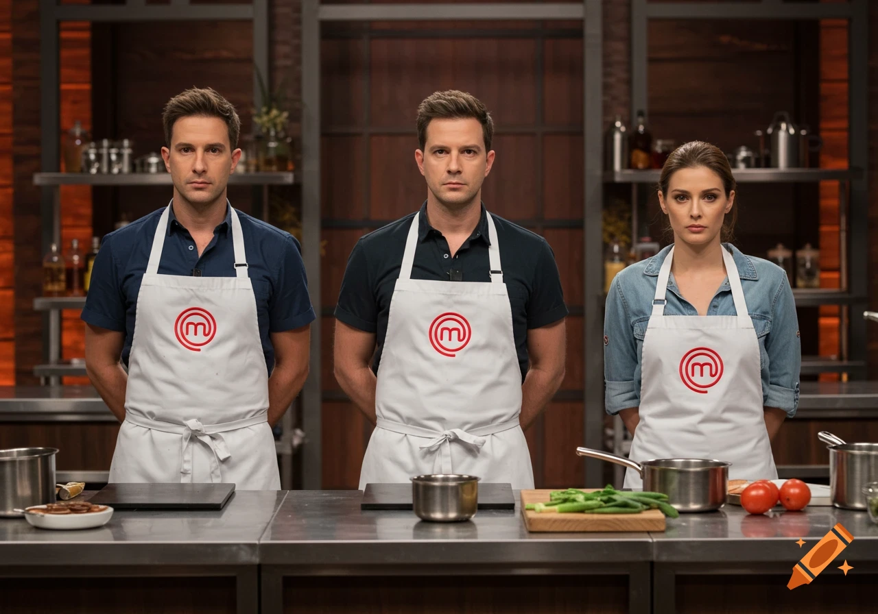 Three people, two men and one woman, in white aprons standing behind a counter in a professional kitchen.