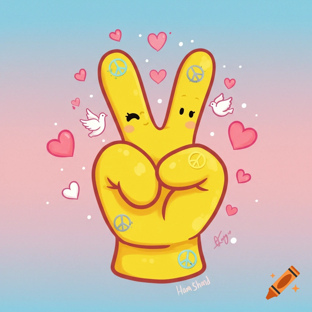 A cute cartoon yellow hand forms a peace sign, adorned with small peace symbols, surrounded by floating pink hearts and white doves on a gradient background.
