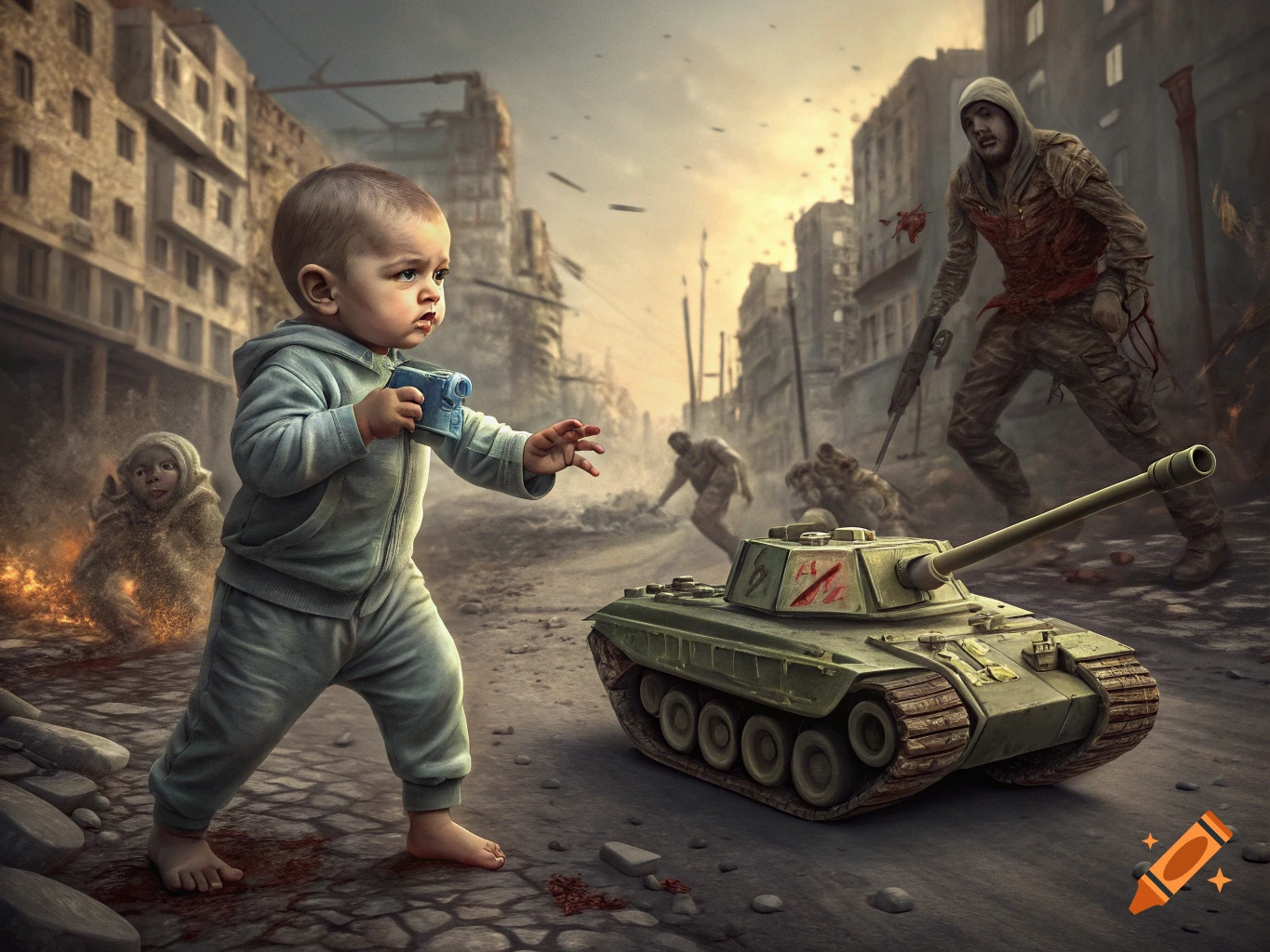 A baby boy in a light blue tracksuit stands in a destroyed cityscape, holding a small blue object, facing a miniature tank. In the background, zombie-like figures roam amidst smoke and rubble.