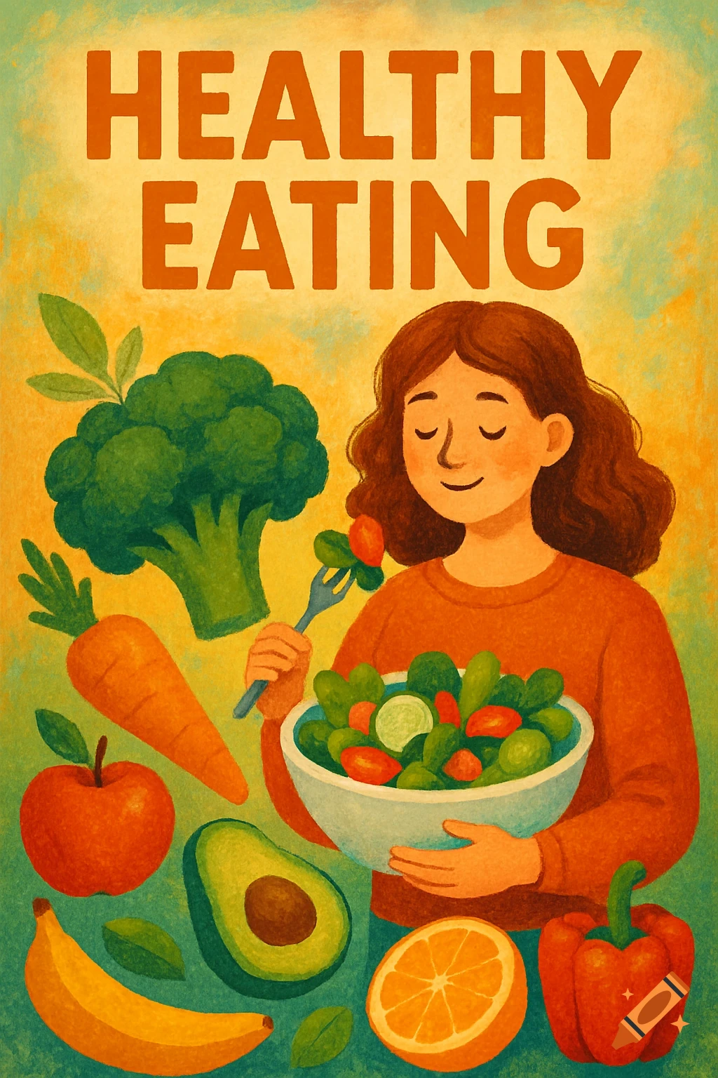 Cartoon illustration of a woman holding a salad bowl surrounded by various fruits and vegetables, with 'HEALTHY EATING' text above.
