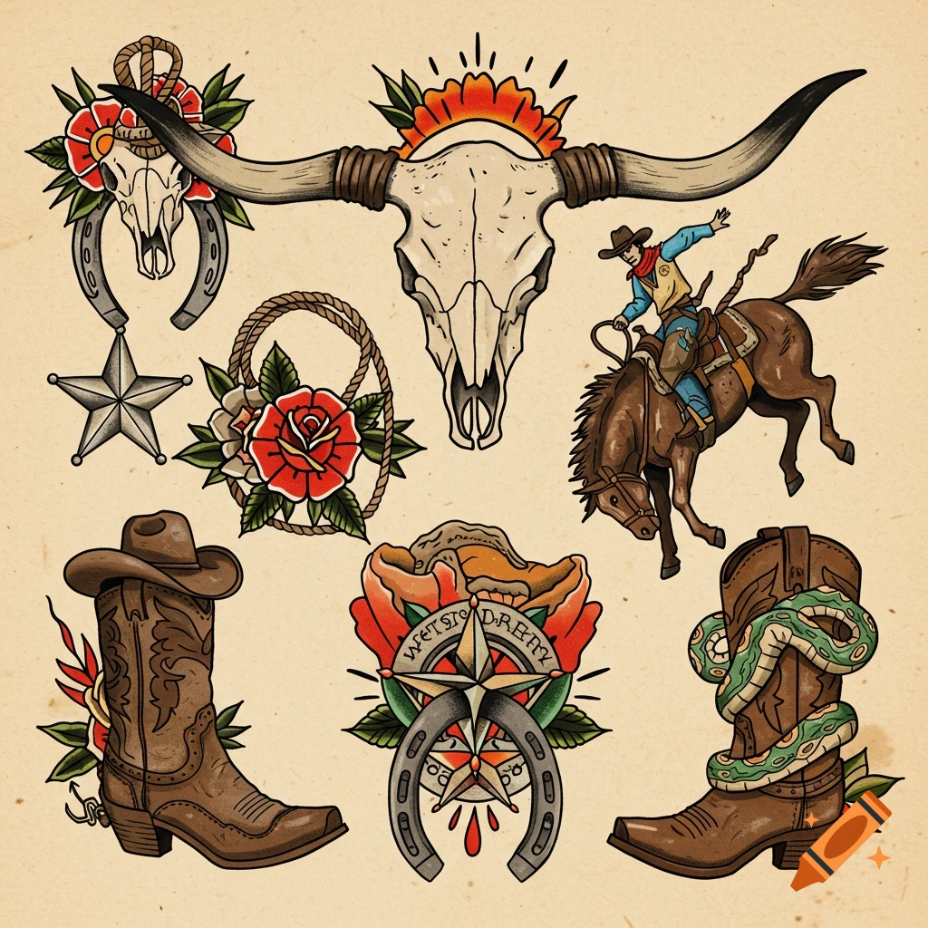Traditional cowboy-themed tattoo flash designs including a longhorn skull, cowboy boots, a bucking horse, horseshoes, and roses.