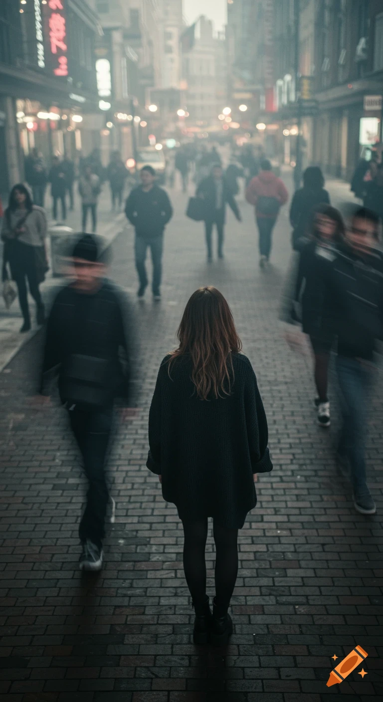 A woman stands on a brick city sidewalk, facing away from the camera, surrounded by motion-blurred people rushing past in a hazy, dreamy atmosphere.