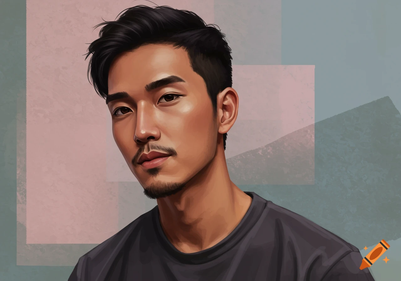 Digital painting of a young Asian man with dark hair and a beard, looking slightly left against an abstract background.