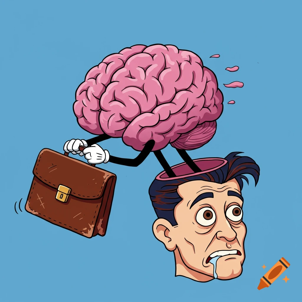 A cartoon brain with arms and legs carries a briefcase while running out of a man's shocked, drooling head.