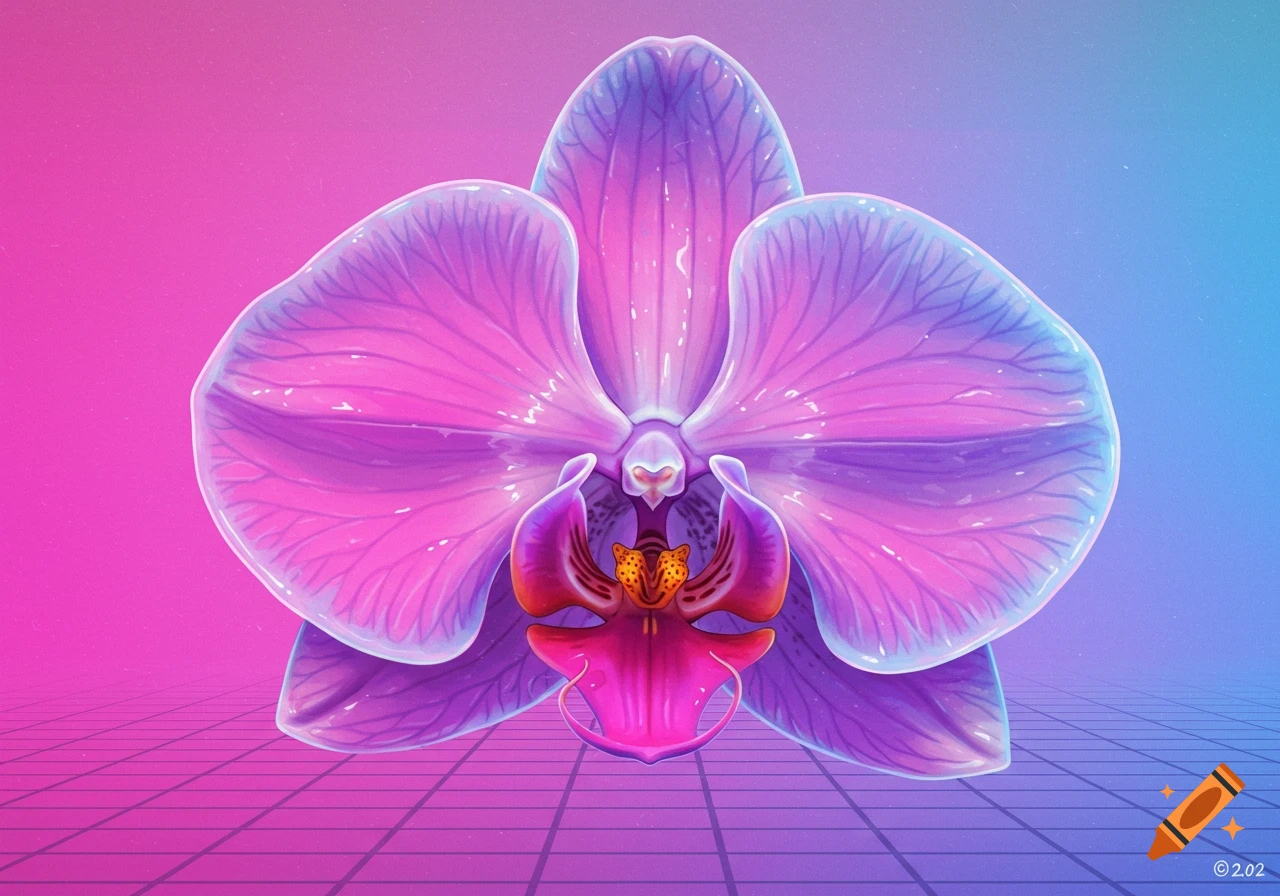 A vibrant purple and pink orchid with a glossy texture, set on a glowing grid plane with a pink and blue gradient background.