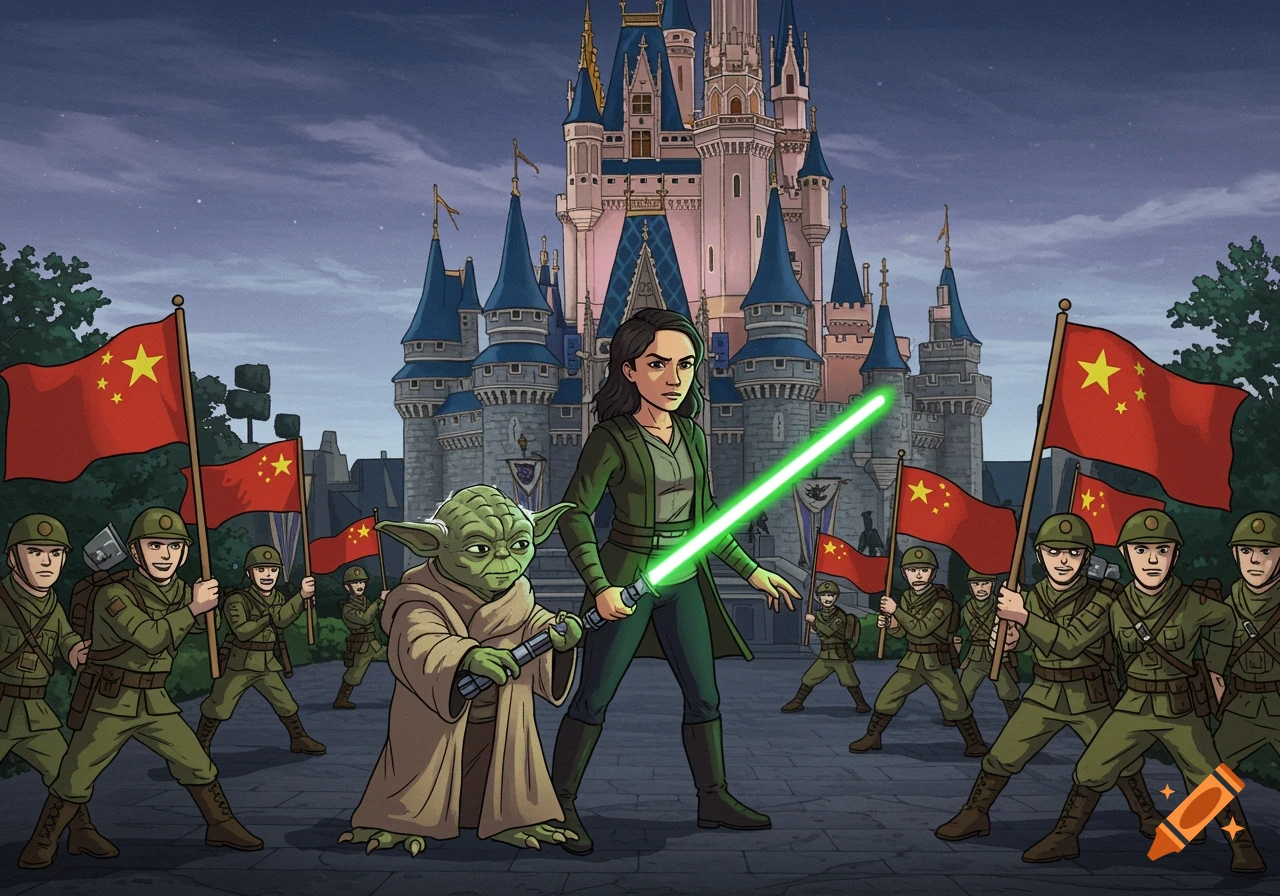 Cartoon of a woman and Yoda with green lightsabers defending a Disney-like castle from Chinese soldiers holding flags.